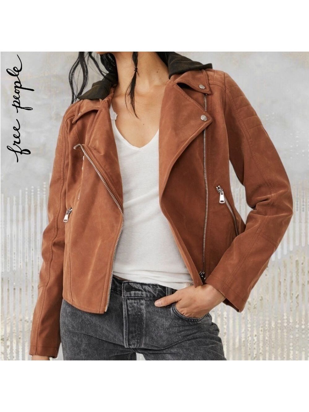 FREE PEOPLE NWT Harriett Moto-Style Brown Vegan Suede, Black Hood Jacket/Md - Picture 5 of 16